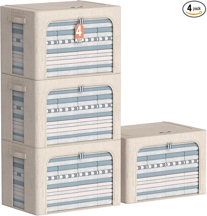4 Pack Clothes Storage Bins with Metal Frame - Linen Fabric Foldable Stackable Container Organizer Set with Clear Window & Ca