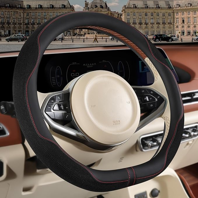 Nappa Leather Steering Wheel Cover, Advanced Microfiber Leather Non-Slip Breathable Fabric, Warm in Winter and Cool in Summer
