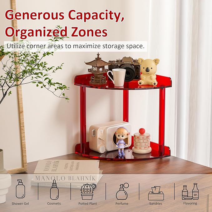 Sezanrpt 2 Tier Countertop Corner Organizer Shelf 7x7x8 Inch, Red Acrylic Bathroom Corner Shelf for Countertop, Vanity Storag