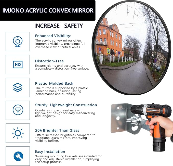 12" Acrylic Convex Mirror – Adjustable Wide Angle View Traffic Mirror for Enhanced Security Coverage in Rooms, Offices, Warehouses, Parking Lots, and Addressing Corner Blind Spot Areas