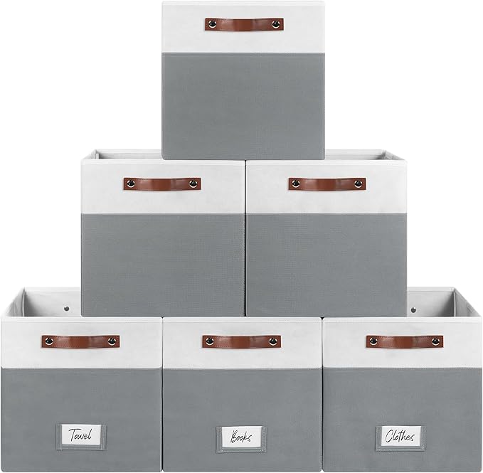 FinishingBo 6-Pack Storage Cubes with Handles & Label Holders Basket, Closet Cube Home Organizer Bins(White/Dark Grey, 13 x 1