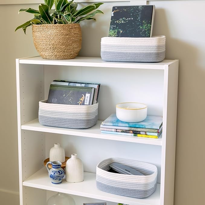 NaturalCozy 11.8"x8"x4.5” Rectangle Storage Baskets for Shelves 3 Pack | Cotton Rope Woven Small Baskets for Organizing | Sma