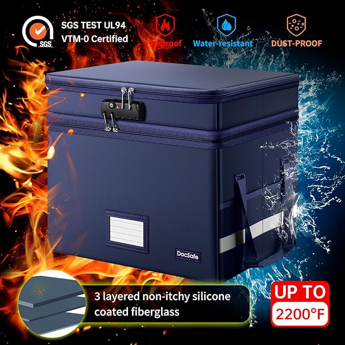 DocSafe File Box with Lock,Multi-Layer Fireproof Document Box Collapsible File Storage Organizer with Pockets/Handle,Large Po