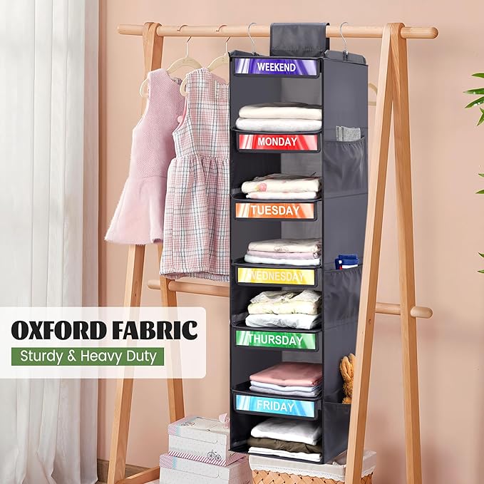 2 Pack 6-Shelf Weekly Clothes Organizer for Kids, Hanging Daily Closet Organization with 6 Side Pockets, Days of The Week Clo