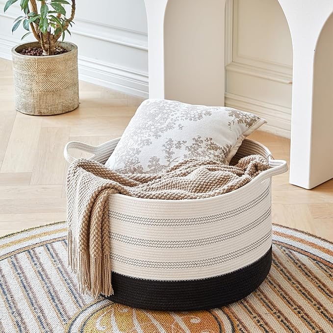 R RUNKA XXXLarge Cotton Rope Basket 22" X 22"X 14" Blanket Basket for Living Room Woven Basket Soft Baby Laundry Blanket Bask
