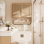INNOD Rattan Bathroom Wall Cabinet with Towel Bar, Wall-Mounted Medicine Cabinet with Adjustable Wood Shelf & Doors, Over The