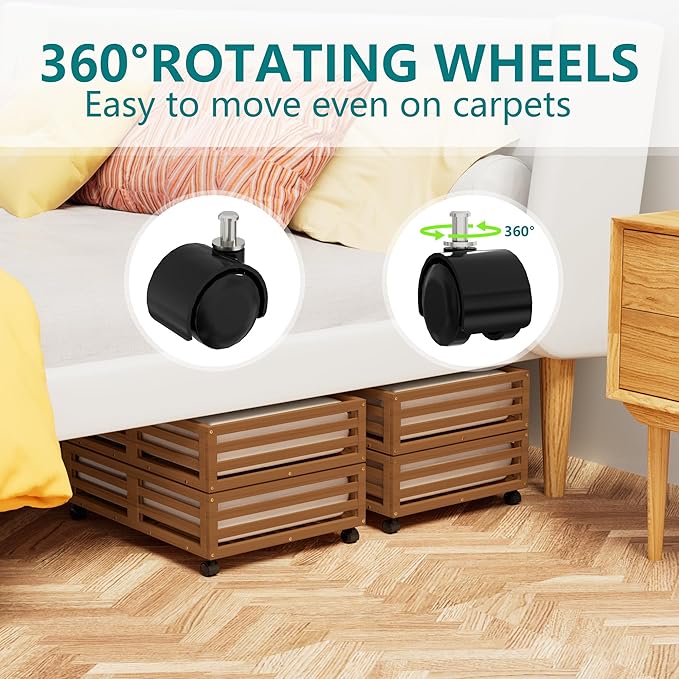 Wisuce Bamboo Under Bed Storage Containers- Underbed Organizer with Wheels with Large Dust Bag,Sturdy Wood Rolling Under the 