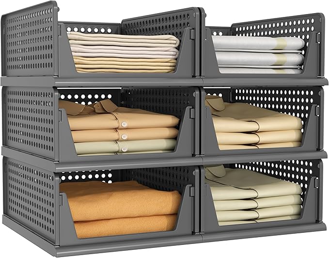 PinkPum 6 Pack Closet Organizers and Storage Plastic Stackable Storage Bins, Foldable Drawer Shelf Storage Container for Ward