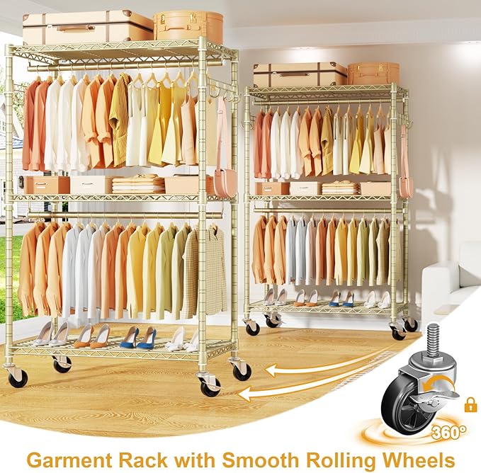ULIFHOME P1 Rolling Clothes Rack, Portable Wardrobe Closet with Wheels, Heavy-Duty Closet Clothing Rack for Hanging Clothes, 