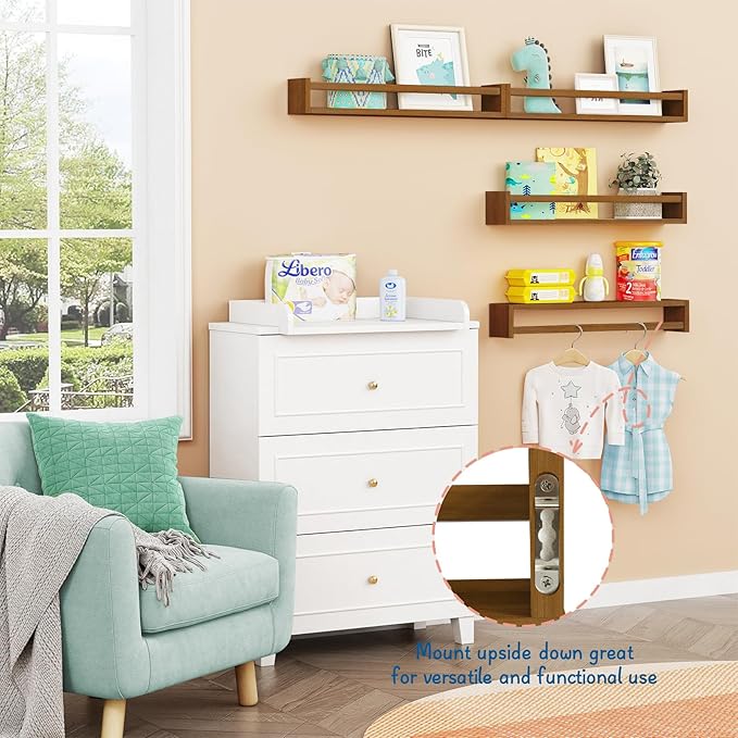 Forbena 24 Inch Wooden Floating Nursery Book Shelves for Wall, Walnut Nursery Bookshelf Wall Mounted for Kids Bedroom, Large 