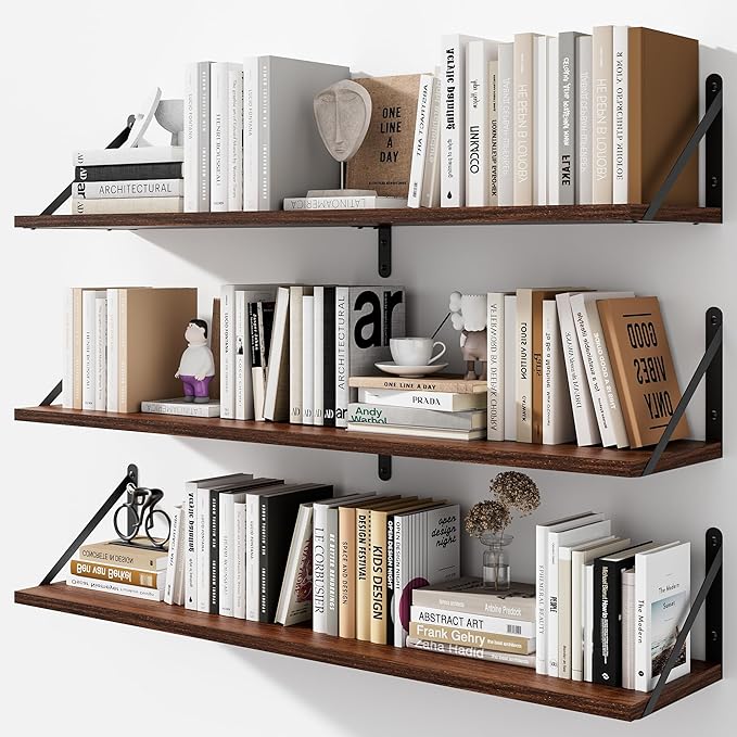 Floating Shelves for Wall, 36W x 8D Wide Bookshelf with Brackets Set of 3, Wood Wall Mounted Shelves for Living Room, Kitchen