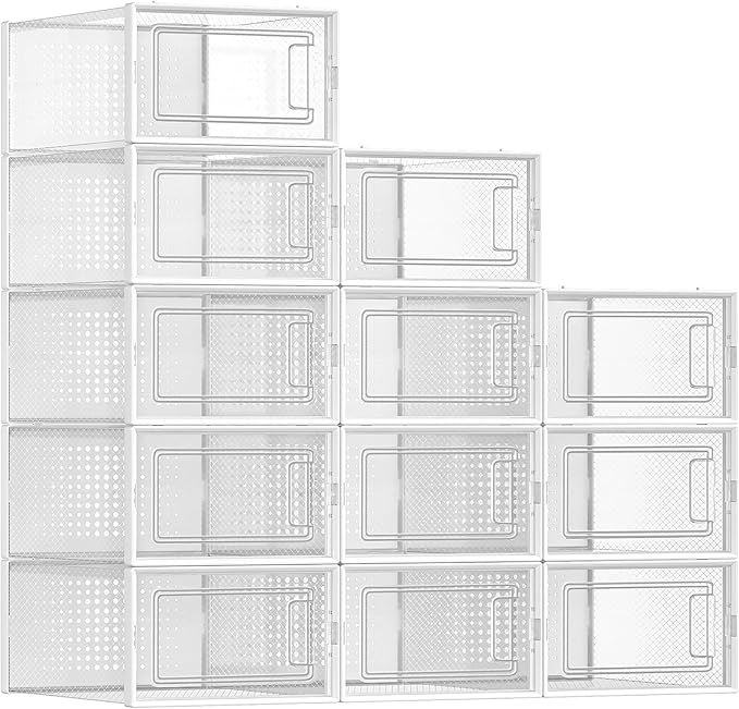 SONGMICS Shoe Boxes, Pack of 12 Shoe Storage Organizers, Stackable Clear Plastic Boxes for Closet, Sneakers, 13.1 x 9.1 x 5.6