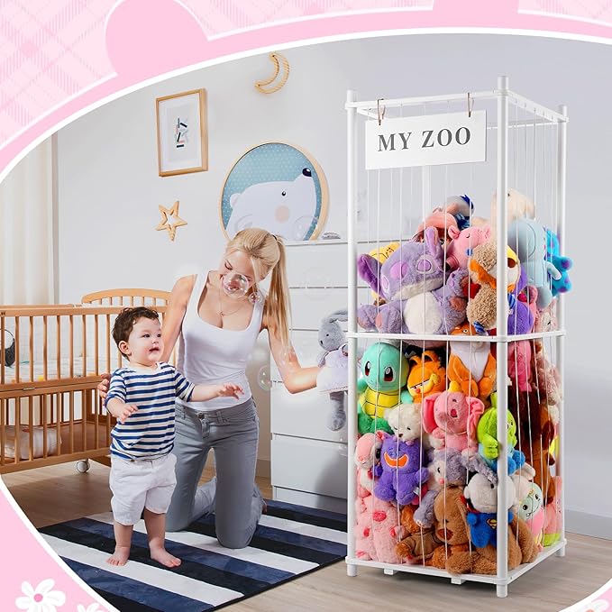 GLDZI Stuffed Animal Storage Zoo, Wooden Stuffed Animal Organizer with Elastic Cords for Boys Girls, Space Saving Toy Plushie