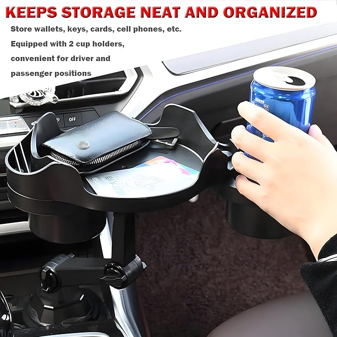 Cup Holder Expander for Car, Degrees Rotate Adjustable Surface Car Tray Table and Drink Holders with Coaster, Apply to All Au