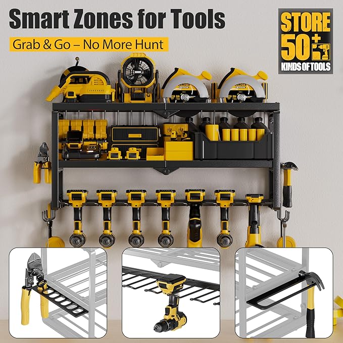 Power Tool Organizer Wall Mount, 7 Slots Cordless Drill Holder Storage Rack, Heavy Duty Battery Tools Holder with Shelf for C