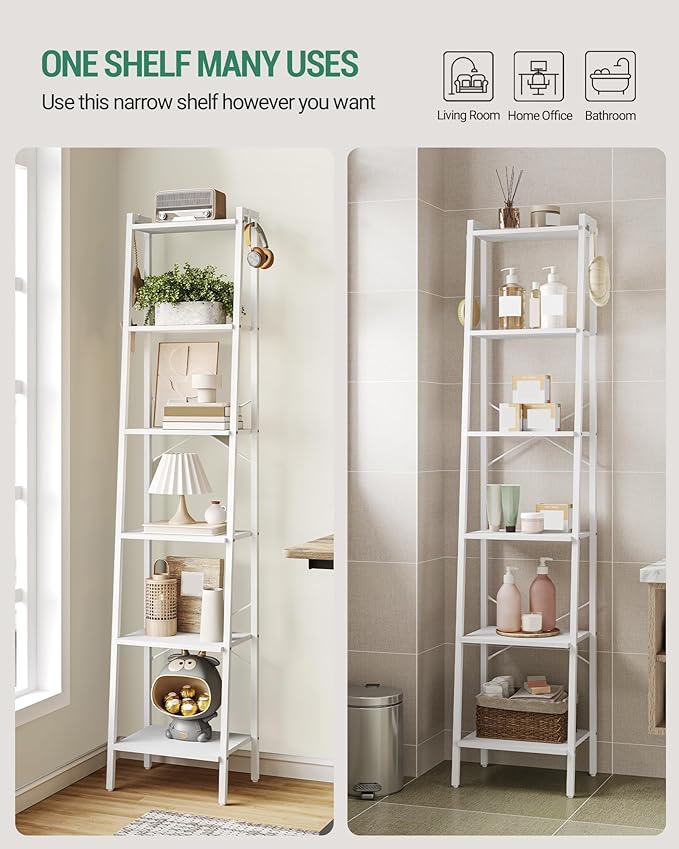 Hzuaneri Ladder Shelf, Bookshelf Bookcase, Freestanding Corner Storage Shelve with 2 Hooks for Home Office, Living Room, Kitc