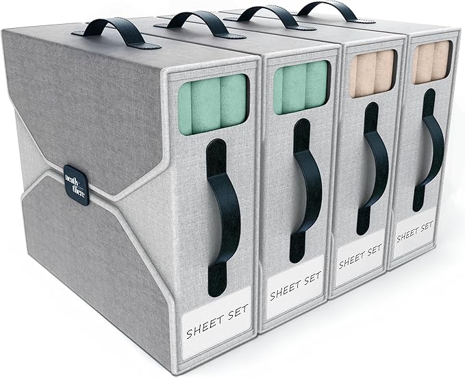 4 Pack Bed Sheet Organizer - Foldable Bedsheet Organizers and Storage, Sturdy Sheet Holder with Window, Labels & Handles for 