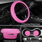 CAR PASS 3D Rhombus Pink Leather Steering Wheel Cover Car Accessories Set, Center Console Armrest Cushion with Storage Bags 2 Non-Slip Cup Coasters, 14.5-15in Cute Car Interior Sets, 4 PCS Hot Pink