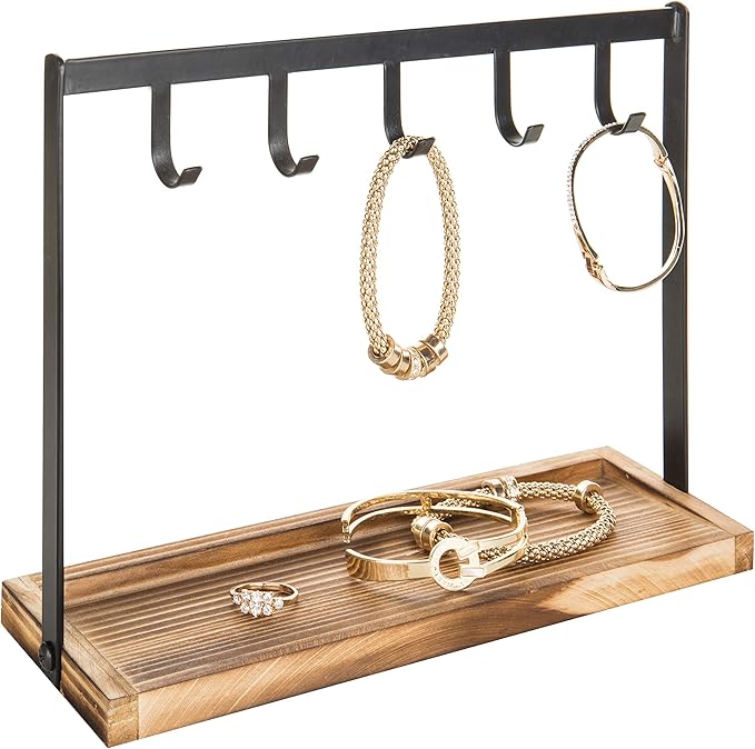 MyGift Black Metal Entryway Key Holder with 5 Hooks and Burnt Wood Base, Tabletop Necklace and Jewelry Organizer Rack with Ri