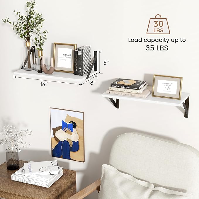 Axeman White Floating Shelves for Wall, 16''W x 8''D Floating Shelves Set of 2, 8 Inch Deep Wall Shelves for Bookshelf Living