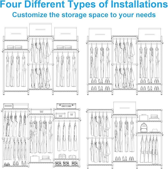 Ulif E13C Heavy Duty Closet Organizer System，Freestanding Clothing Racks for Hanging Clothes，Adjustable Garment Rack 63" W x 
