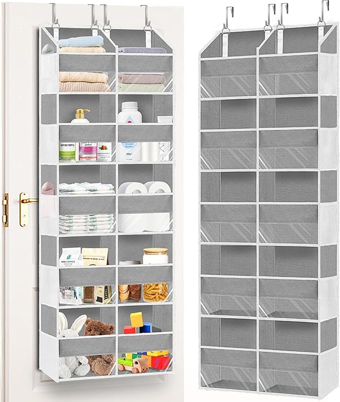 Over The Door Organizer, 5-Tier Extra Large Behind Door Storage with 10 Big Front & 10 Mesh Pockets, 80lb Capacity, Hanging S