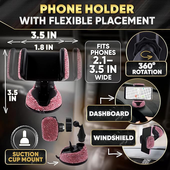 Pink Car Accessories Set, 27 Pieces – Bling Car Accessories for Interior Styling with Rhinestone Details for Daily Use, Universal Fit Kit for Steering Wheel, Vents, Mirror Area, Great Gift for Women