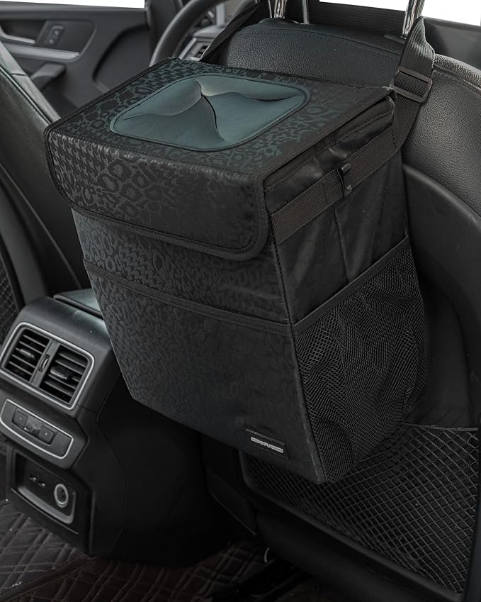Sturdy 3 Gallon Car Trash Can - Ultra Large Capacity, Leak Proof, Waterproof Car Organizer and Storage with Pockets and Adjustable Straps, Collapsible Interior Car Accessory (Black Leopard)