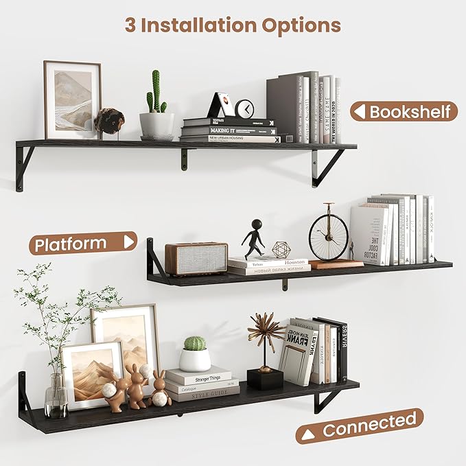 Axeman 40 Inch Floating Shelves | 8 Inch Deep Black Wall Shelves Set of 2 | 39.4" W x 8" D Rustic Black Wood Shelves for Bath