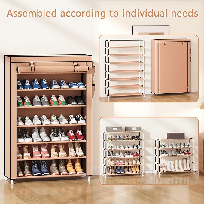 Laiensia 7-Tier Vertical Shoe Rack Organizer, Space Saving Shoe Storage Organizer, Non-Woven Cover Shoe Shelf Holds 28-35 Pai