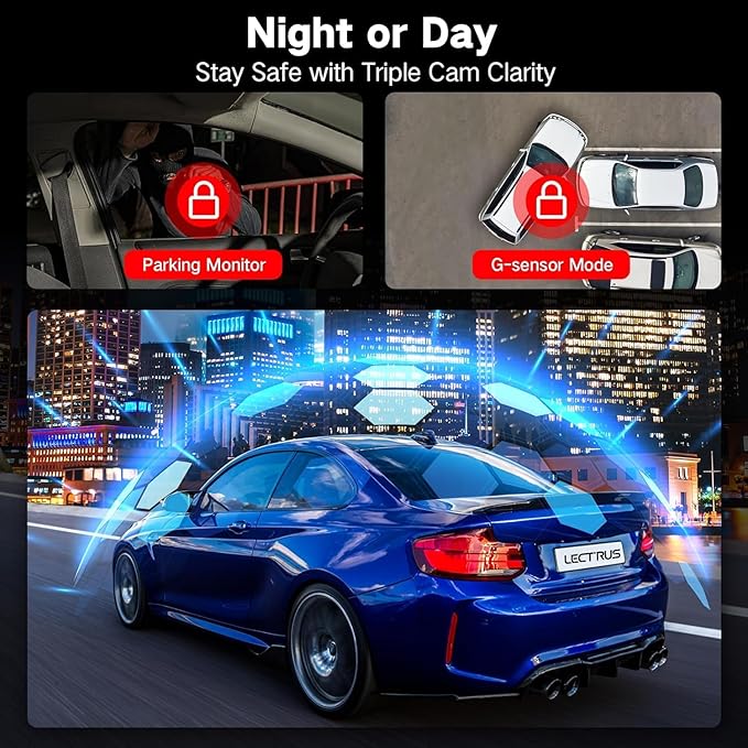 3 Channel Dash Cam Front and Rear Inside, 2.5K Dash Cam, APP Control, Night Vision, 3" IPS Screen, Built-in Wi-Fi, G-Sensor, 