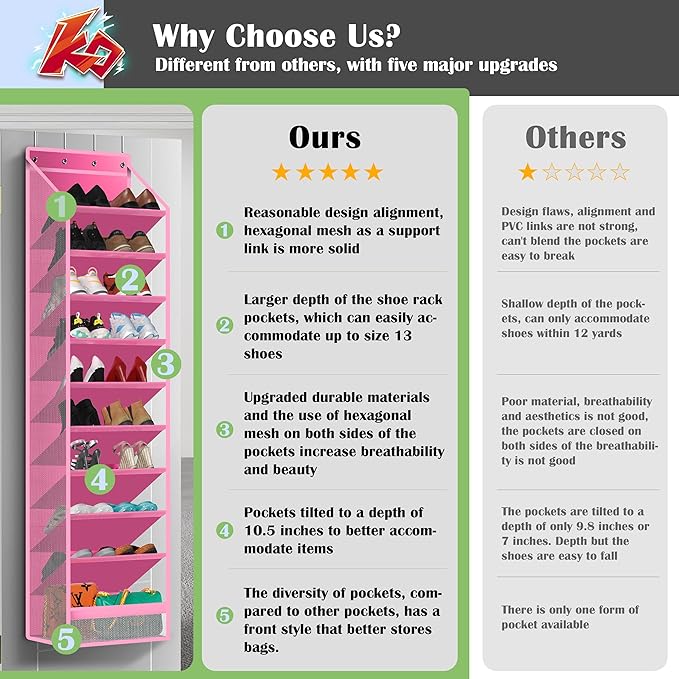 10 - Pocket Over - the - Door Hanging Shoe Organizers & Rack, Made of Sturdy 600D Oxford + Non - Woven Fabric, Space - Saving