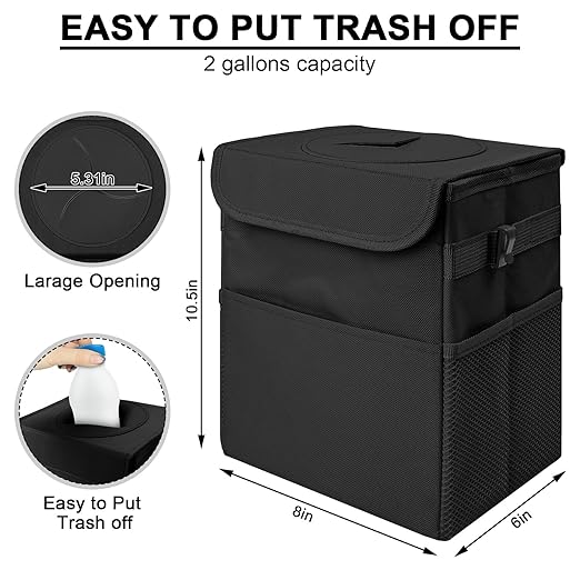 Car Trash Can Bin with Lid - Collapsible Car Garbage Can with Storage Pockets-Black Mini Leakproof Vehicle Trash Bag-Small Automotive Organizers and Storage for Back/Front Seat SUV Truck Accessories