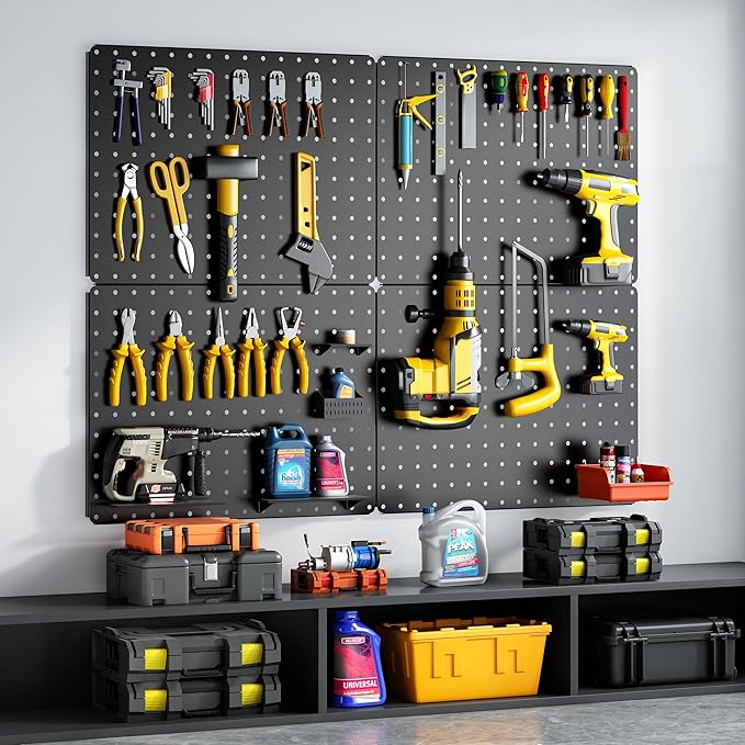 Peg Board, 110pcs Metal Pegboard Kit, Includes 4 Pack Black Peg Board Panels with Accessories and Hook Locks, Large Heavy Dut