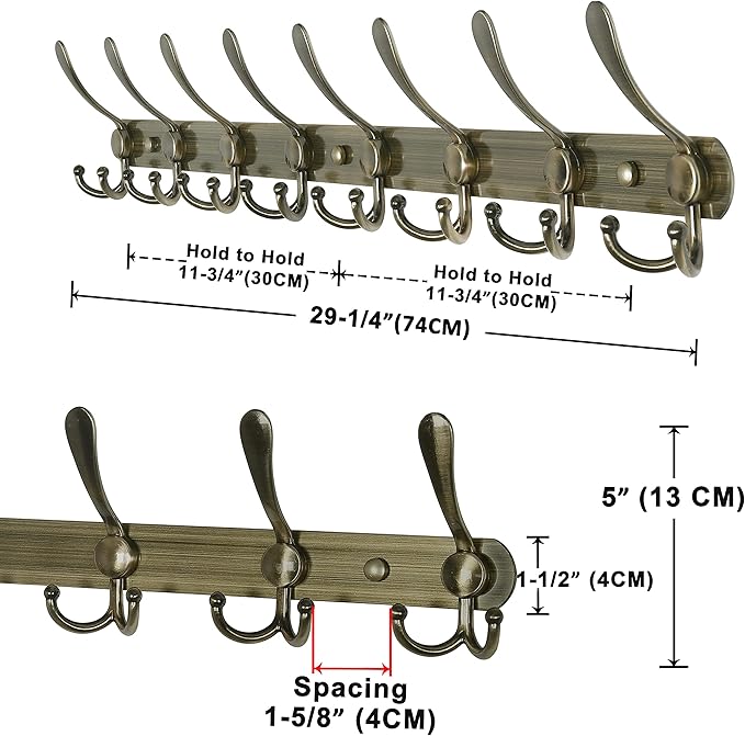 Dseap Coat Rack Wall Mount - 29.5” Long 8-Tri-Hooks Heavy Duty Coat Hanger Rail Wall Hooks for Hanging Coats Hats Clothing Cl