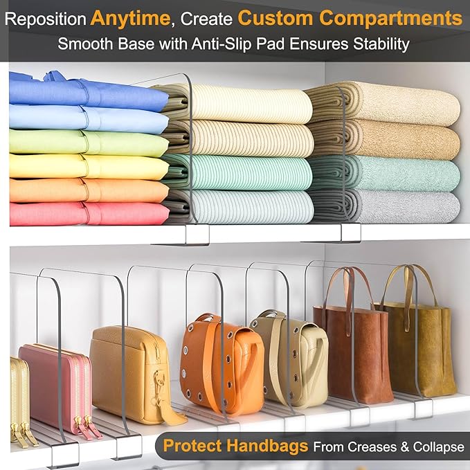 OKPOW Shelf Dividers for Closet Organization: 8" Tall X 12" Deep Acrylic Clear Sturdy Separators for Clothes Purse - Adjustab