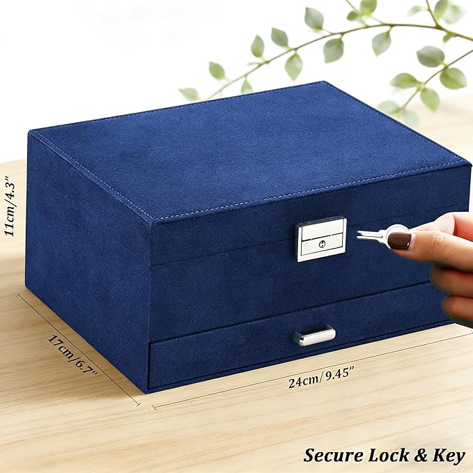 QBestry 3-Layer Jewelry Box for Women with Lock and Key & Drawer, Large Jewelry Organizer with 8 Necklace Hooks & 56 Earring 