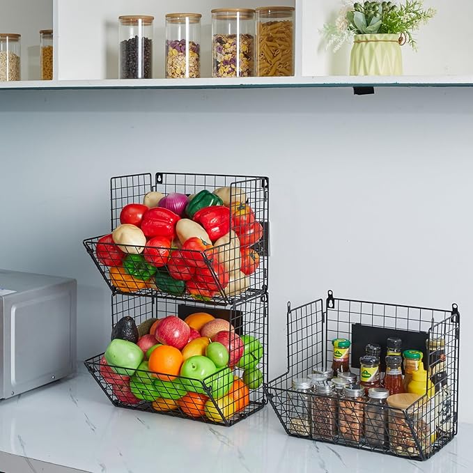 X-cosrack Metal Wire Basket Wall Mount, 3 Tier Wall Storage Basket Organizer with Hanging Hooks Chalkboards, Rustic Kitchen F
