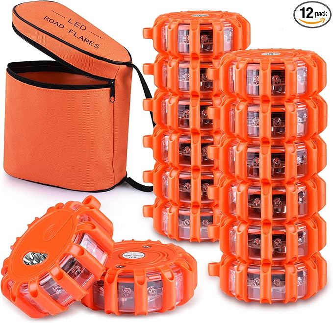 Tobfit 12 Pack LED Road Flares Emergency Lights Roadside Safety Beacon Disc Flashing Warning Flare Kit with Magnetic Base & H