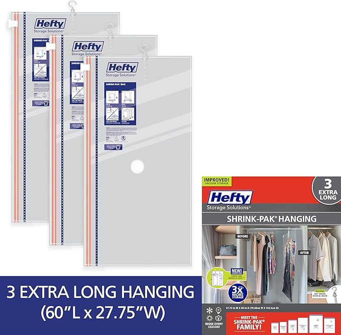 Hefty Hanging Compression Bags 3 Extra Long Vacuum Garment Storage Bags for Clothes, Travel, Closet Organization (60 X 27 Inc