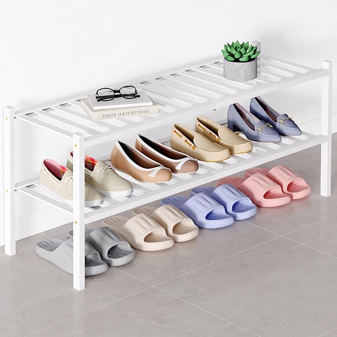 Smiry Bamboo Shoe Rack for Closet, 2 Tier Long Wooden Stackable Shoe Organizer, Free Standing Shoes Storage Shelf for Entrywa