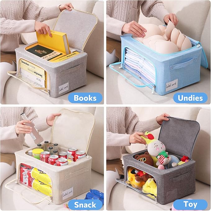 CYhom Clothes Storage Bins Box - Foldable Stackable Container Organizer Set with Clear Window & Carry Handles & Metal Frame -