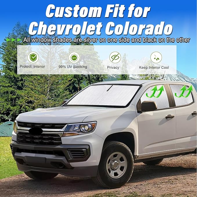 KMF 6pcs Thicken Sun Shades for Chevy Colorado 2015-2022 Accessories,Chevrolet Truck Full Car Window Covers Sunshade for Windshield Side Rear, UV Block and Blackout Privacy for Car Camping