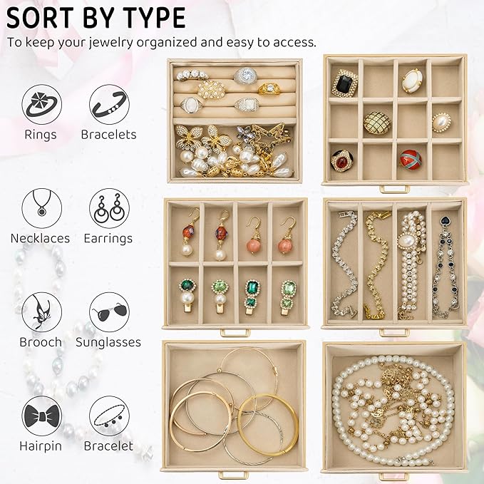 AKOZLIN 6-Tier Jewelry Box Lockable Leather Jewelry Storage Case with 5 Drawers for Women Girls Ring Necklace Earring Bracele