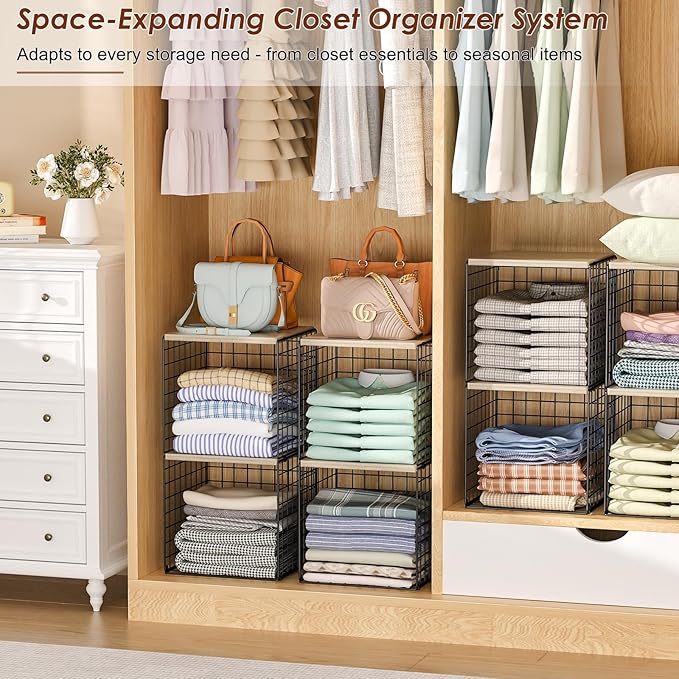 Hencawima 4-Tier Stackable Closet Organizers and Storage, Dual-Layer Reinforced Clothing Cube Shelves with Wood Tops, Sturdy 