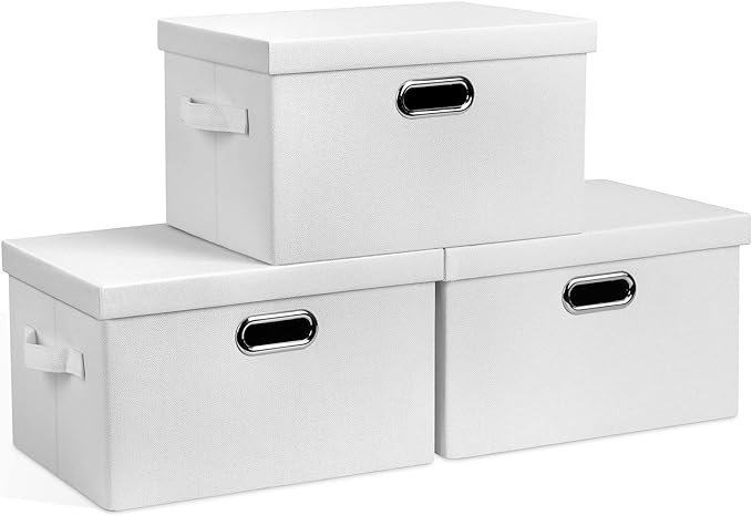 Graciadeco Medium 15" 21 Quart Collapsible Stackable Storage Bins with Lids, 3 Packs White Foldable Fabric Closet Boxes Heavy