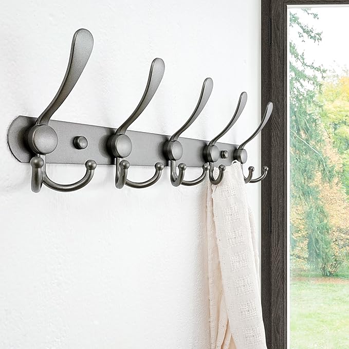Dseap Coat Rack Wall Mounted - 5 Tri Hooks, Heavy Duty, Stainless Steel, Metal Coat Hook Rail for Coat Hat Towel Purse Robes 