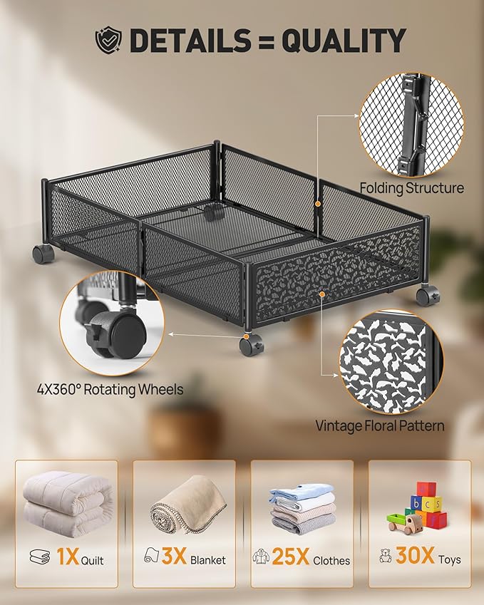 Under Bed Storage With Wheels, 4 Pack Foldable Pattern Carved Metal Under Bed Storage Containers, 60L Rolling Underbed Storag