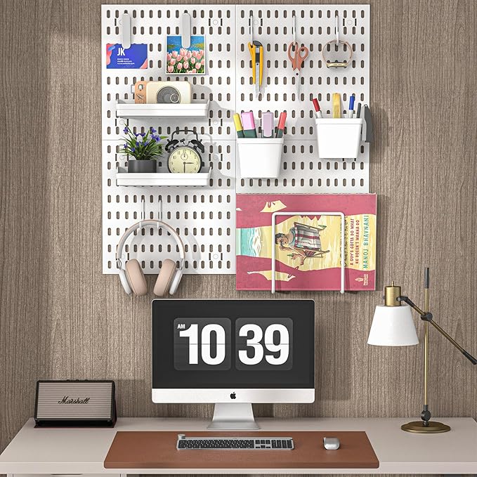 AKTOP Peg Board Wall Organizer 4-Pack – 12"x12" White Pegboard Combination Kit with 13 Accessories for Wall, Plastic Peg Boar