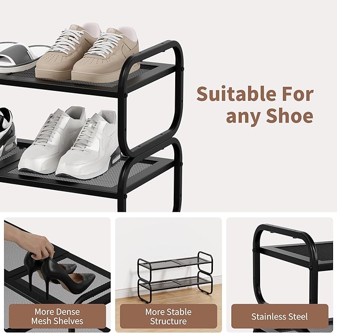 2 Tier Shoe Rack - Expandable Shoe Organizer for Closet, Adjustable Metal Shoe Shelf Storage, Stackable Long Shoe Stand Holde